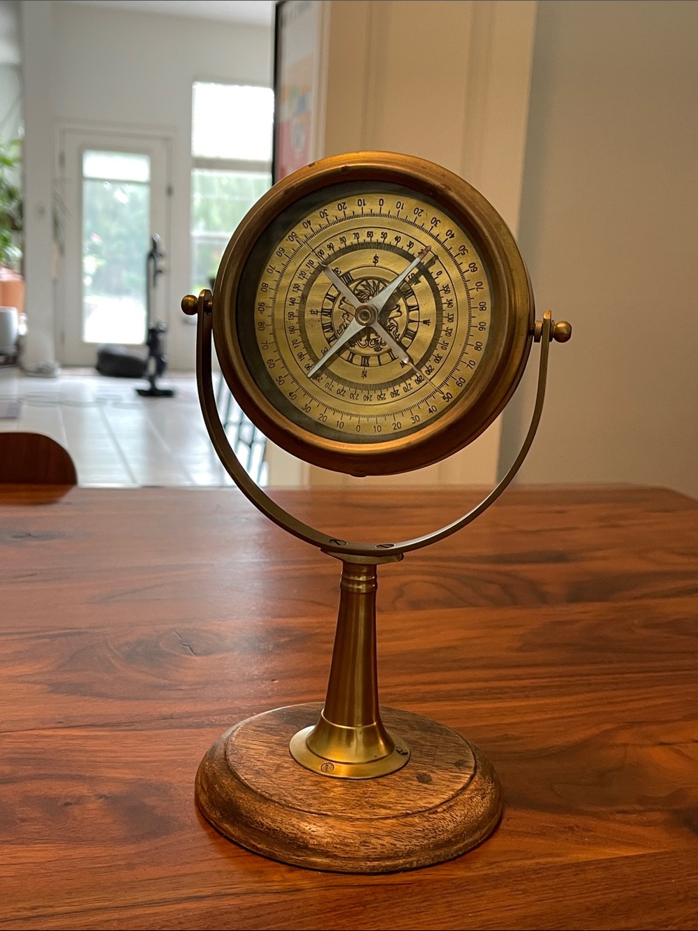 Vintage Brass Table Top Gimball Compass with Wood base